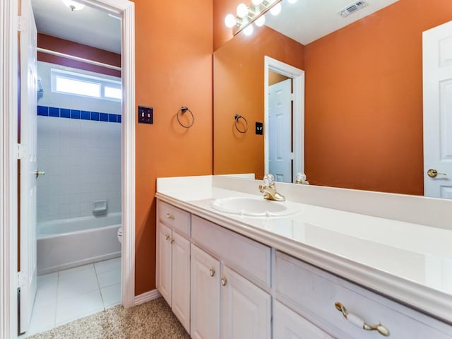 full bathroom featuring visible vents, toilet, tile patterned flooring, tub / shower combination, and vanity