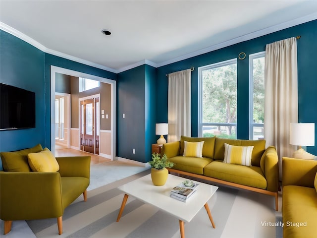 living room with crown molding and baseboards