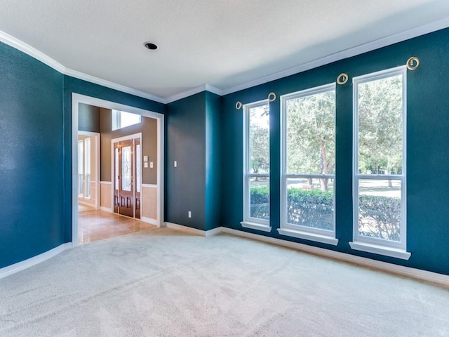 unfurnished room featuring carpet floors, baseboards, and crown molding