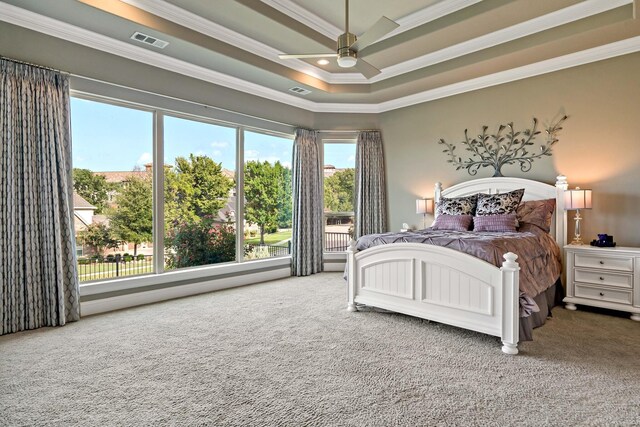 bedroom with a tray ceiling, multiple windows, ornamental molding, and ceiling fan