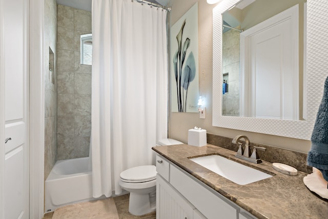 full bathroom with vanity, toilet, and shower / tub combo with curtain