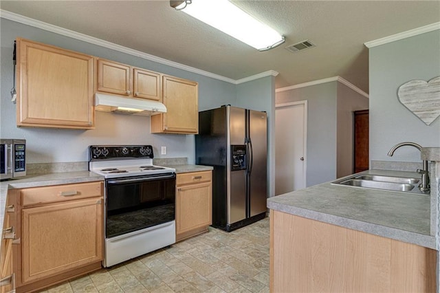 kitchen featuring stainless steel refrigerator with ice dispenser, white electric stove, light tile patterned floors, sink, and crown molding