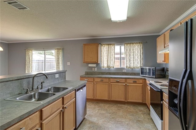 kitchen with light tile patterned floors, sink, stainless steel appliances, and ornamental molding