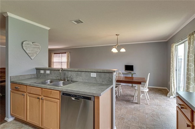 kitchen featuring stainless steel dishwasher, sink, crown molding, pendant lighting, and kitchen peninsula