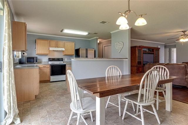 tiled dining space with ceiling fan with notable chandelier and ornamental molding