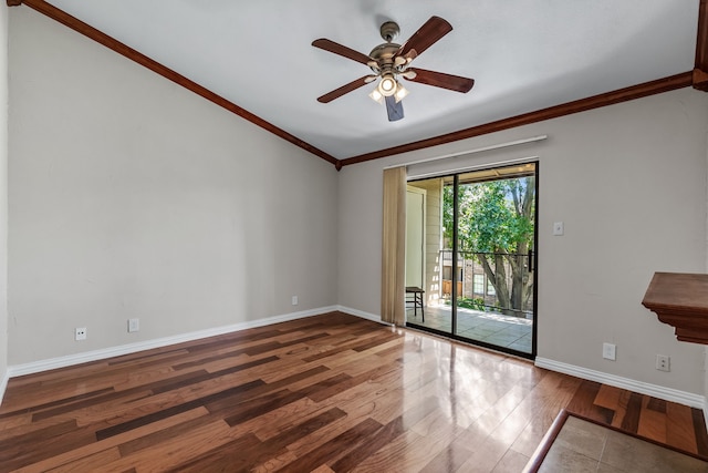 unfurnished room with ceiling fan, ornamental molding, and hardwood / wood-style flooring