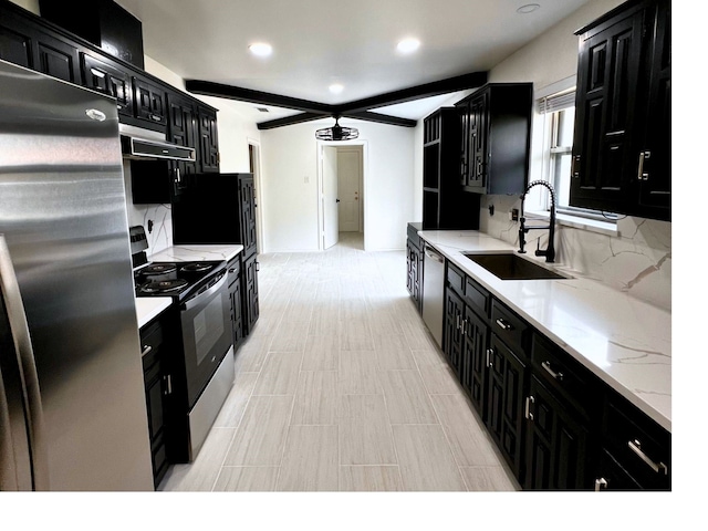 kitchen featuring backsplash, extractor fan, sink, light tile patterned flooring, and stainless steel appliances