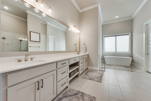 bathroom featuring vanity, ornamental molding, shower with separate bathtub, and tile patterned flooring