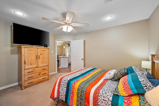 bedroom featuring light carpet, ceiling fan, recessed lighting, and baseboards