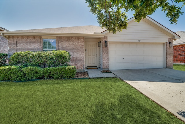 single story home with a front yard and a garage