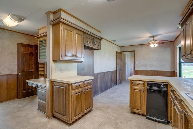 kitchen featuring ceiling fan, black dishwasher, crown molding, and light tile patterned flooring