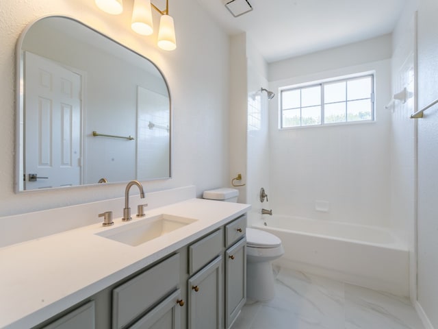 full bathroom with tile patterned floors,  shower combination, vanity, and toilet