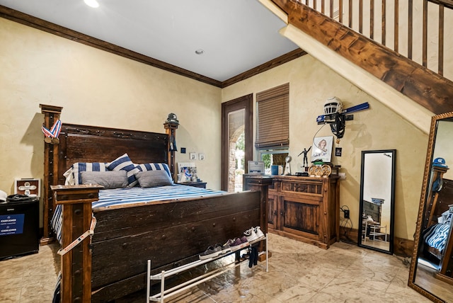 tiled bedroom featuring crown molding