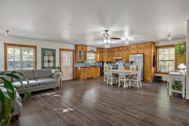 living room featuring dark hardwood / wood-style flooring, plenty of natural light, and ceiling fan