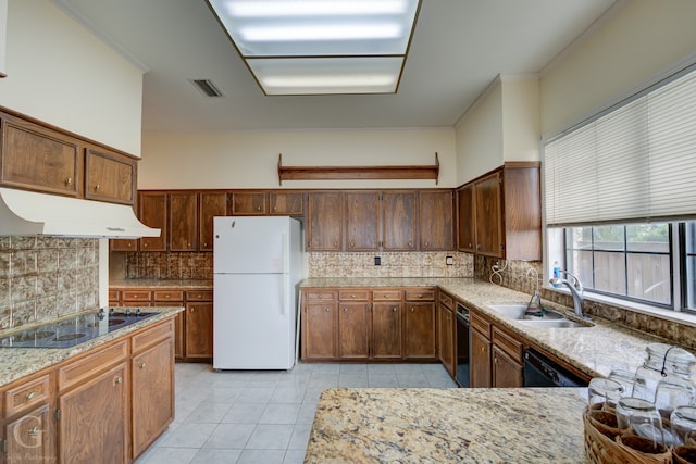 kitchen with sink, decorative backsplash, ornamental molding, black appliances, and light tile patterned floors