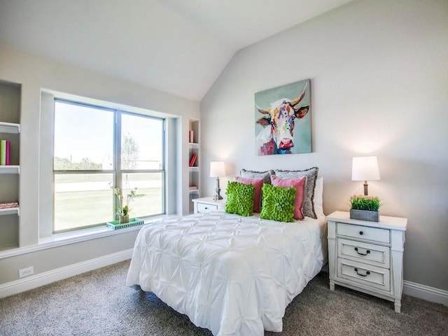 carpeted bedroom featuring vaulted ceiling