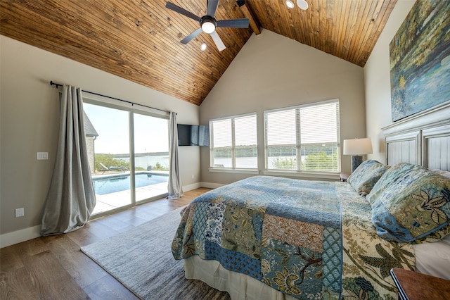 bedroom featuring high vaulted ceiling, light hardwood / wood-style flooring, wooden ceiling, access to outside, and ceiling fan