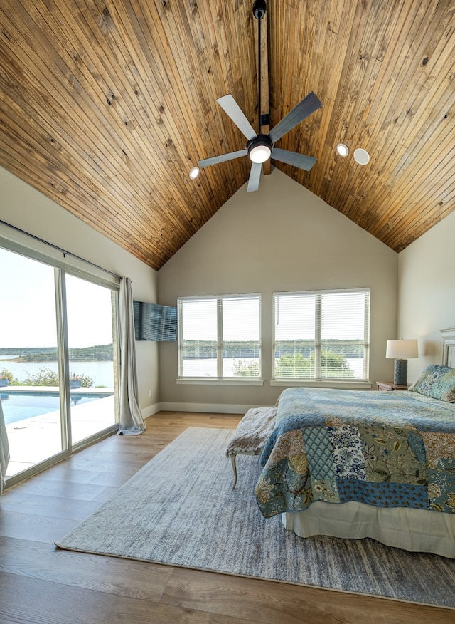 unfurnished bedroom with high vaulted ceiling, light hardwood / wood-style floors, wooden ceiling, access to exterior, and ceiling fan