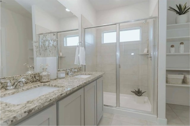 bathroom featuring tile patterned floors, vanity, and an enclosed shower