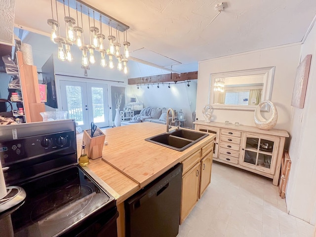 kitchen with light tile patterned flooring, black dishwasher, sink, french doors, and electric stove