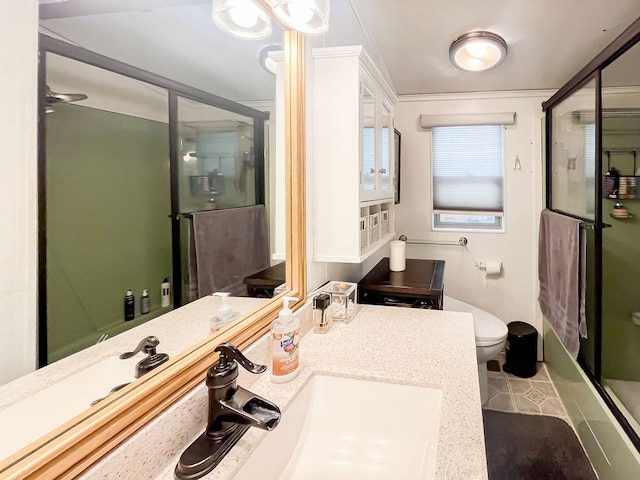 bathroom with tile patterned flooring, an enclosed shower, vanity, and toilet