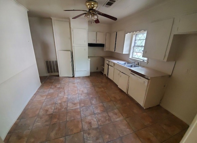 kitchen featuring sink, tile patterned floors, white dishwasher, and ceiling fan