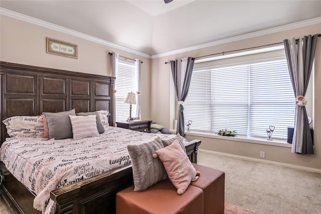 carpeted bedroom featuring baseboards and ornamental molding