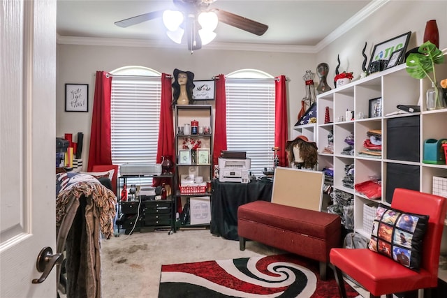 interior space featuring carpet flooring, ceiling fan, and ornamental molding