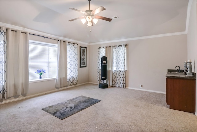 interior space with baseboards, carpet floors, and ornamental molding