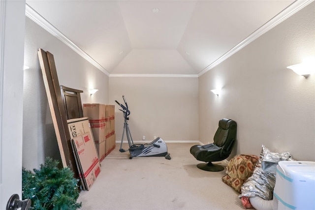 exercise room with ornamental molding, baseboards, lofted ceiling, and carpet floors