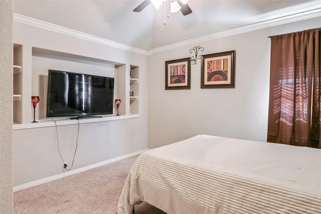 bedroom featuring crown molding, ceiling fan, baseboards, vaulted ceiling, and carpet floors