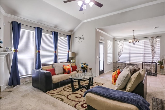 living area with baseboards, lofted ceiling, light carpet, crown molding, and ceiling fan with notable chandelier