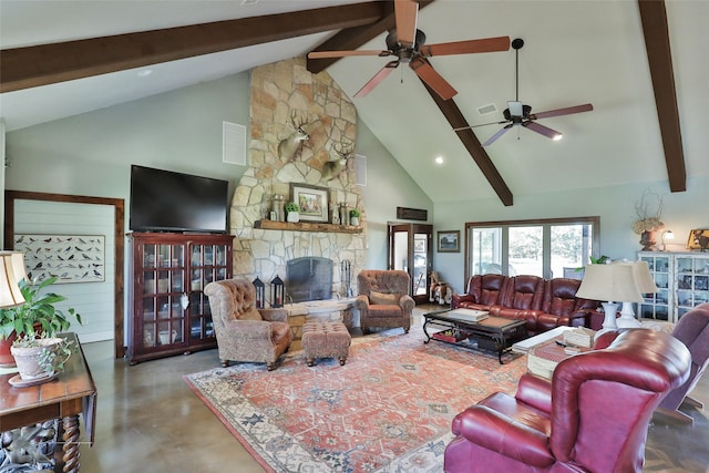 living room with ceiling fan, concrete flooring, a stone fireplace, high vaulted ceiling, and beam ceiling