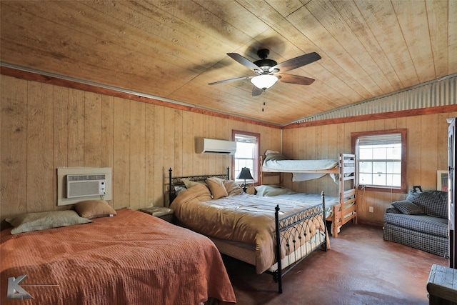 bedroom with vaulted ceiling, concrete flooring, a wall mounted air conditioner, ceiling fan, and wooden ceiling