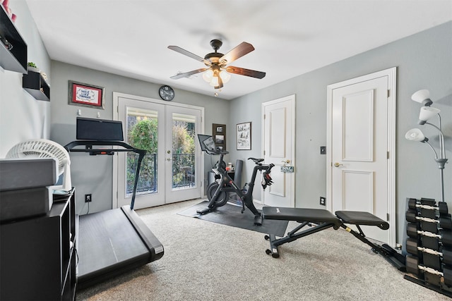 workout area featuring ceiling fan, carpet floors, and french doors