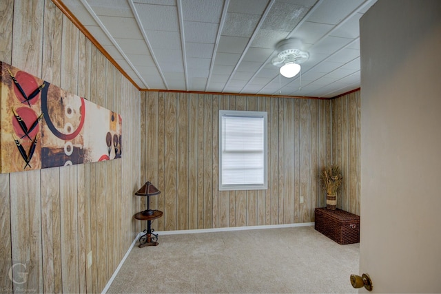 carpeted spare room with wood walls and baseboards