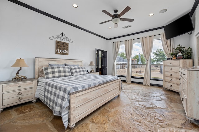 tiled bedroom featuring ceiling fan, a baseboard radiator, crown molding, and access to outside