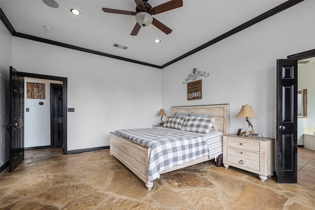 bedroom featuring tile patterned flooring, ceiling fan, and ornamental molding