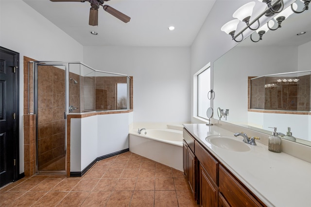 bathroom with tile patterned flooring, vanity, separate shower and tub, and ceiling fan