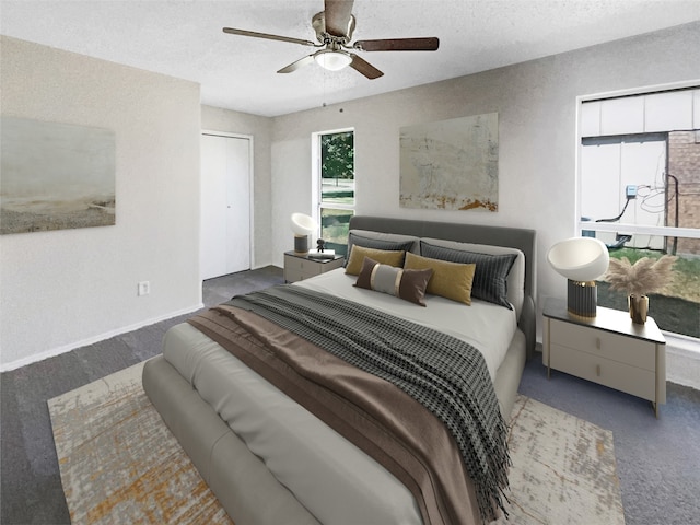 bedroom featuring a textured ceiling, a closet, and ceiling fan