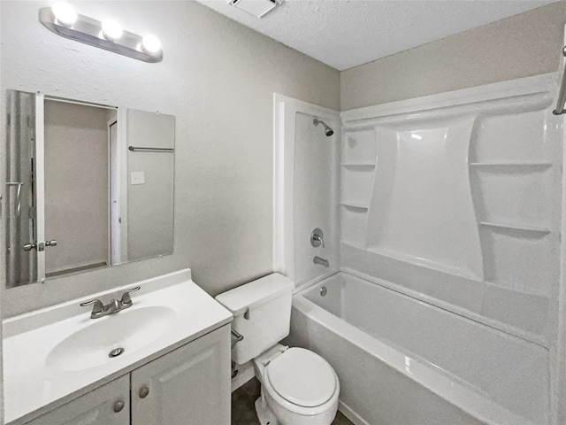 full bathroom featuring shower / bathtub combination, a textured ceiling, vanity, and toilet