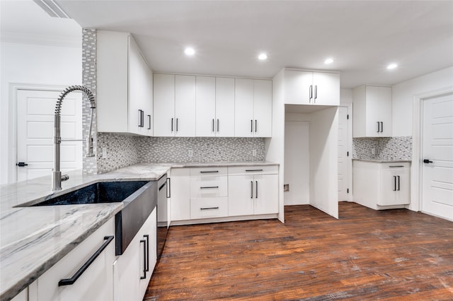 kitchen with white cabinetry, backsplash, light stone countertops, and dark wood-type flooring