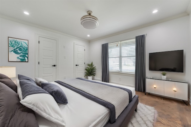 bedroom featuring parquet flooring and ornamental molding