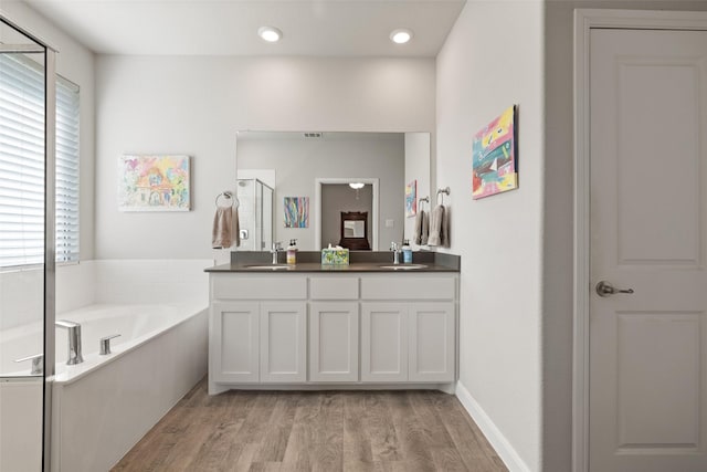 bathroom featuring vanity, independent shower and bath, and hardwood / wood-style flooring