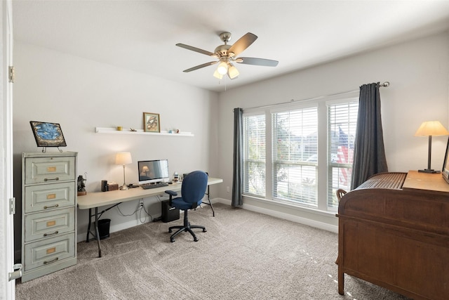 office space featuring ceiling fan and carpet flooring