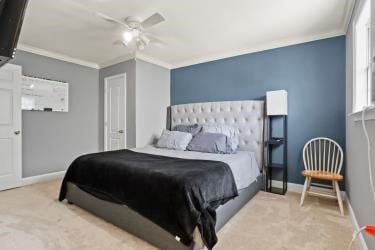 bedroom with ceiling fan, crown molding, and light carpet