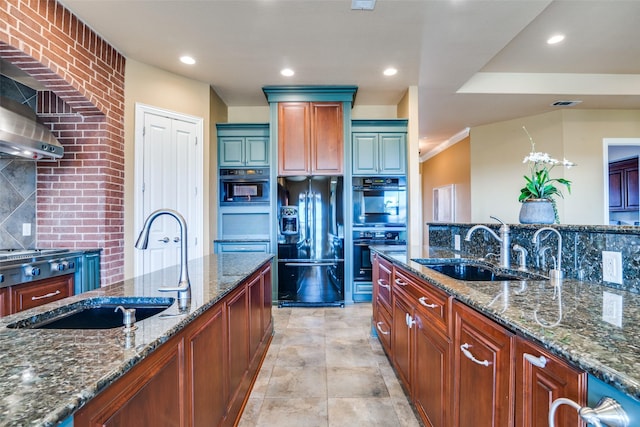 kitchen with black appliances, backsplash, dark stone countertops, and sink