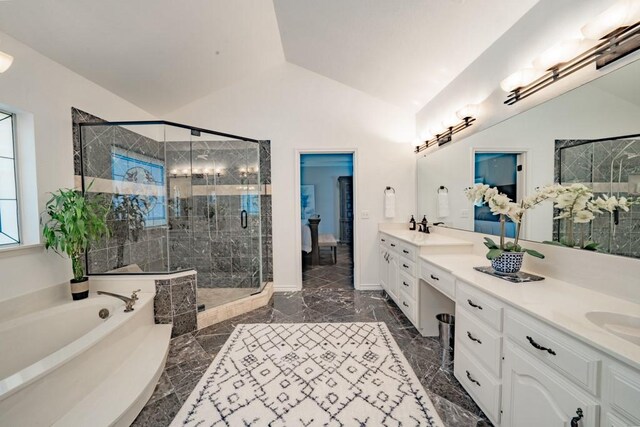 bathroom featuring separate shower and tub, tile patterned flooring, vanity, and lofted ceiling