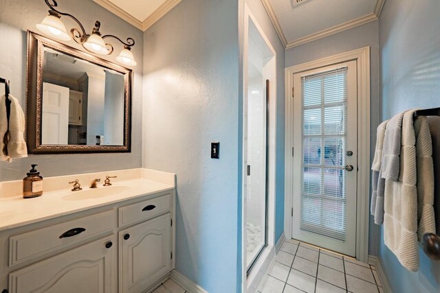 bathroom featuring tile patterned floors, crown molding, an enclosed shower, and vanity