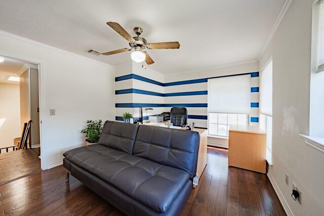 bedroom featuring ceiling fan, dark hardwood / wood-style floors, and ornamental molding